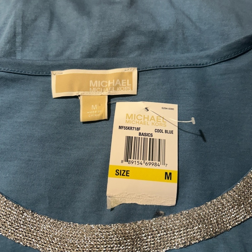 Michael Kors Women's Long Sleeve Blue Top w Silver Embellished Neckline Size M - Picture 9 of 10